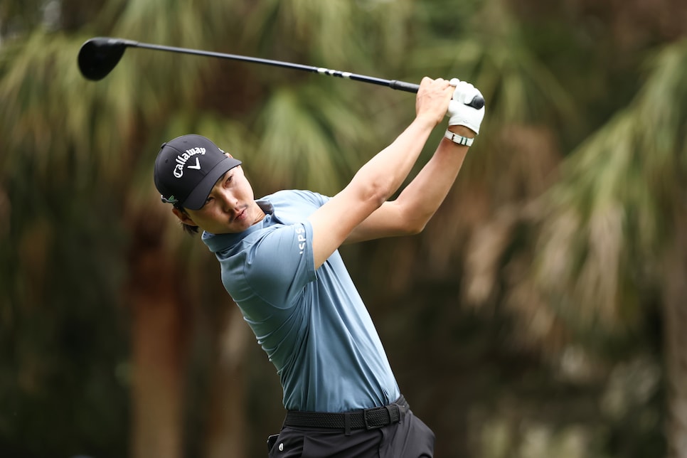 PONTE VEDRA BEACH, FLORIDA - MARCH 16: Min Woo Lee of Australia plays his shot from the second tee during the final round of THE PLAYERS Championship on the Stadium Course at TPC Sawgrass on March 16, 2025 in Ponte Vedra Beach, Florida. (Photo by Jared C. Tilton/Getty Images)